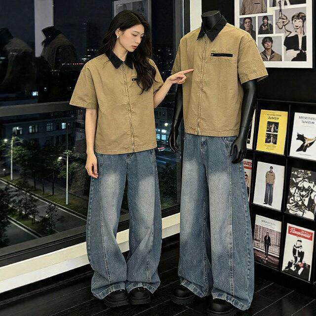 潮牌卡其色水洗工装衬衫男夏季美式古着翻领夹克短款半袖宽松衬衣