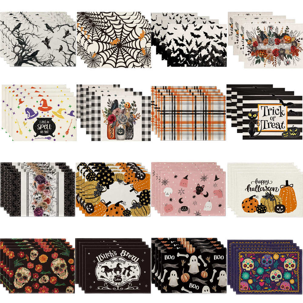 万圣节元素图案印花餐桌垫鬼节氛围餐桌装扮亚麻餐垫餐具隔热垫子