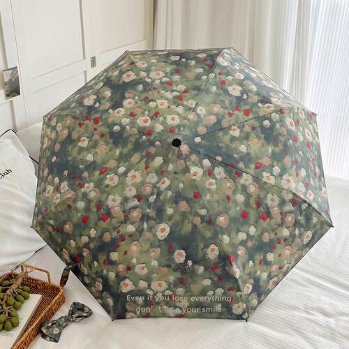 油画花丛高颜值自动雨伞女晴雨两用黑胶防晒抗UV折叠遮阳伞