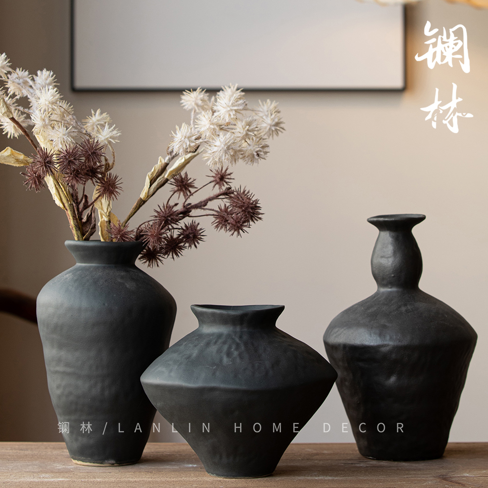 侘寂风黑色粗陶花瓶新中式复古禅意陶瓷花器摆件民宿茶室酒店开岁