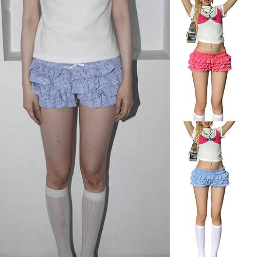 Womens Gingham Print Bow Decor Tiered Layer Shorts Casual