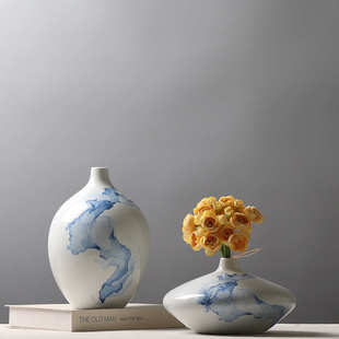 新中式陶瓷花瓶 创意贴花工艺品 客厅样板房插花装饰品小口瓶摆件