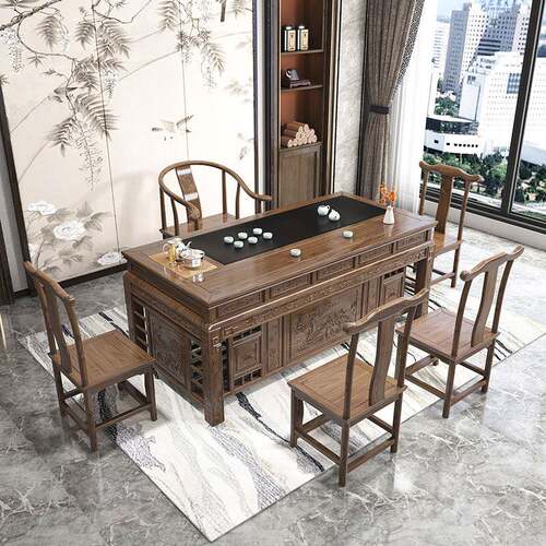 仿古办公茶桌客厅茶桌椅组合中式泡茶桌榆木喝茶桌家具办公室茶台