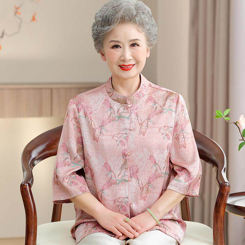 【桑蚕丝100%】国风中老年人奶奶夏装衬衫女开 衫洋派真丝上衣套