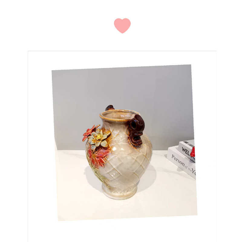 新款田园手工浮雕釉面立体花装饰小鸟玫瑰花器花瓶陶瓷工艺品摆件