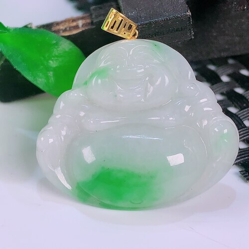 缅甸天然真品翡翠正品18k金扣头冰飘绿花高端精品闪拍佛公玉吊坠