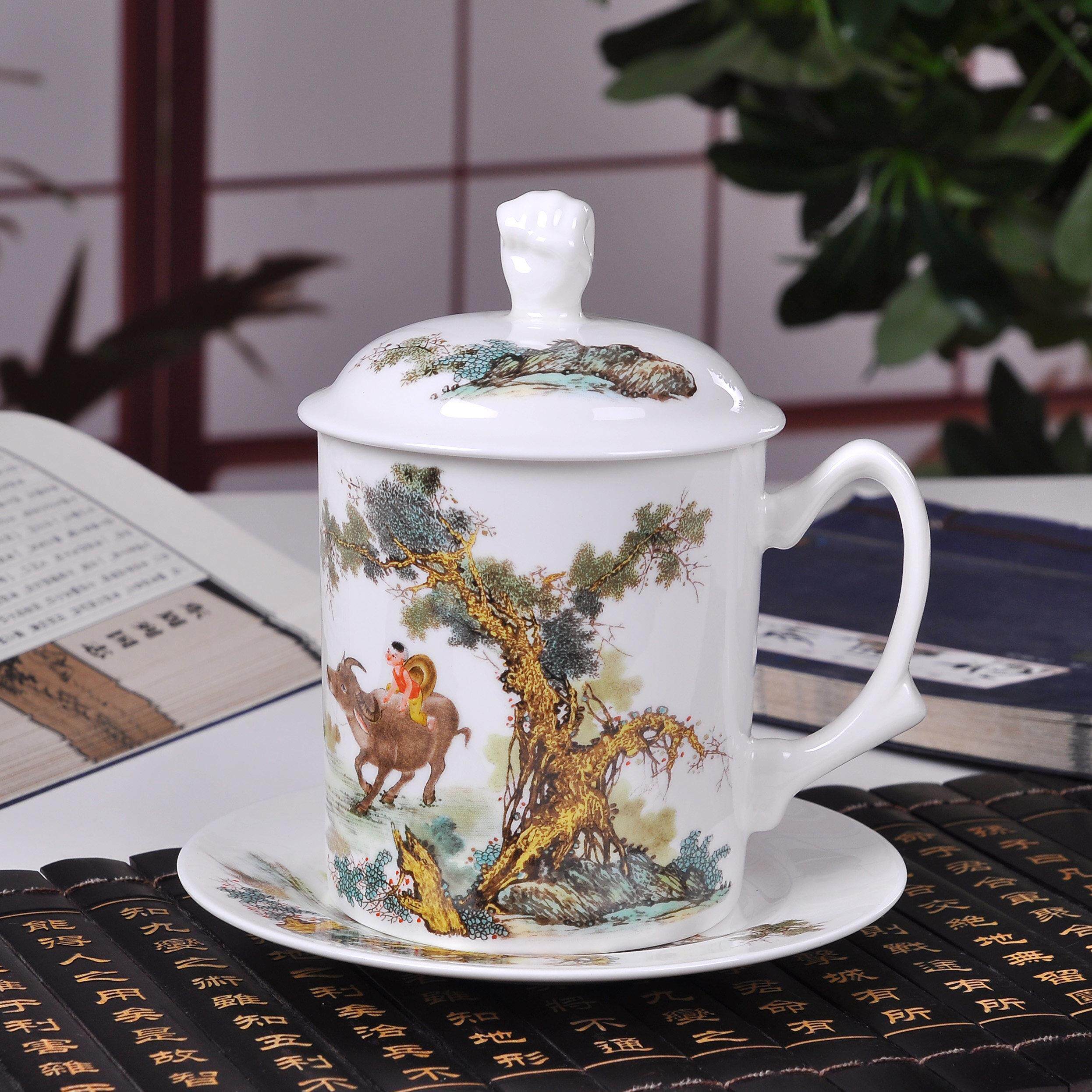景德镇高档骨瓷带盖子带碟粉彩牧童牛水杯办公杯会议杯礼品杯
