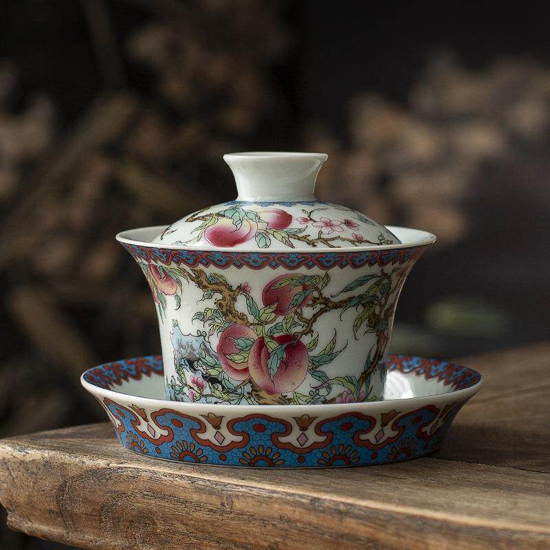 景德镇陶瓷仿古泥寿桃马蹄三才盖碗单个可悬停泡茶碗家用防烫手