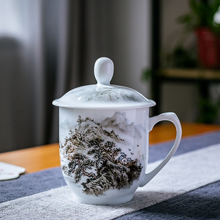写意山水画毛瓷杯省大师郭清平手绘陶瓷茶杯带盖主人杯家用送礼