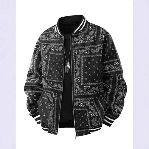 Mens Casual Cashew Flower Varsity JacketVintage Lightweight