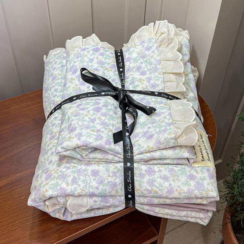 全棉双层纱棉花边四件套碎花韩式纯棉蕾丝花边被套床单床品公主风