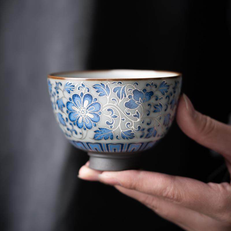 陶瓷茶杯主人杯单杯茶盏茶碗大号仿古青花杯银丝杯缠枝莲杯