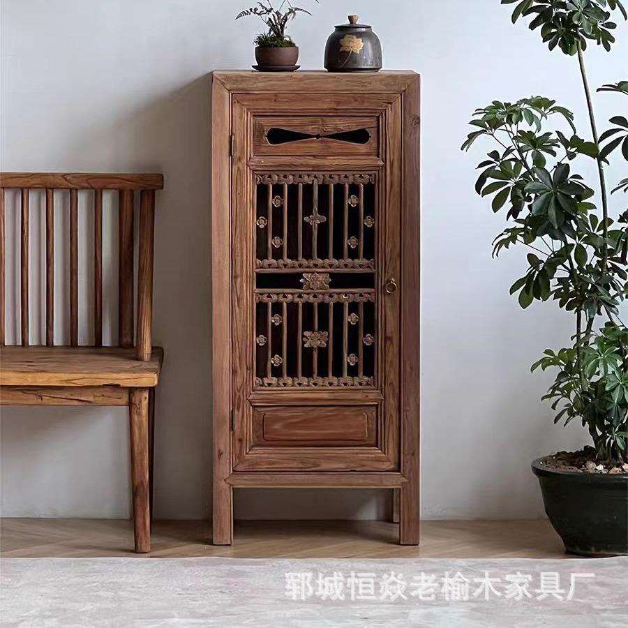 老榆木雕花餐边柜中式花窗边柜旧木储藏柜民宿茶室收纳柜单开斗柜
