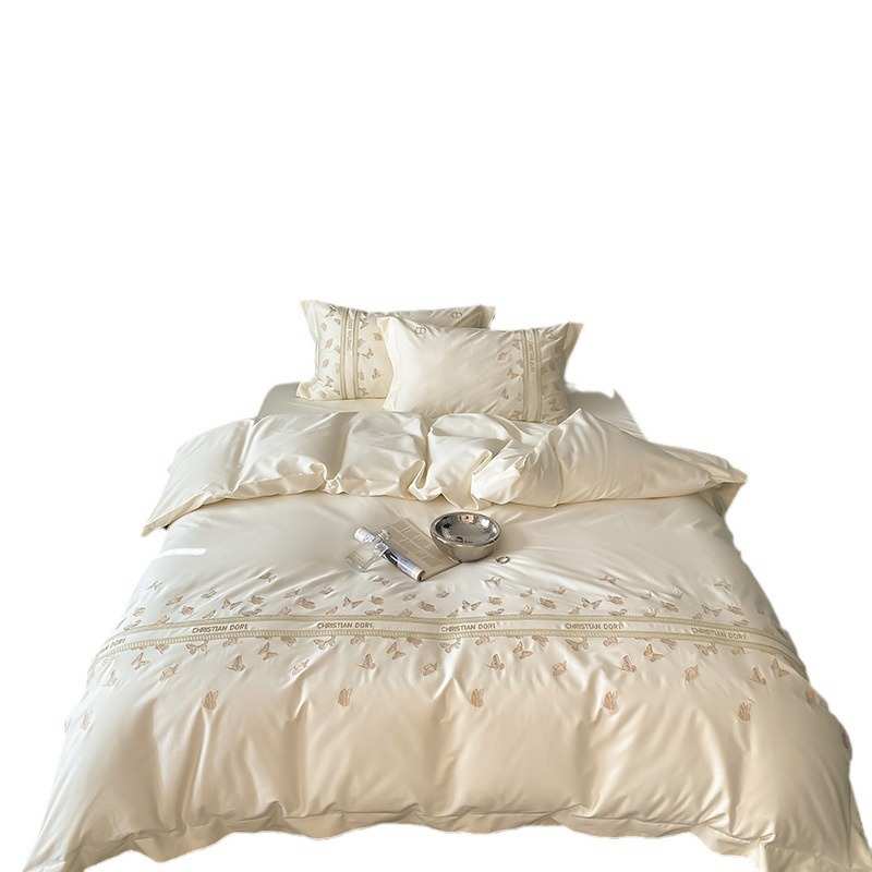 轻奢高端蝴蝶剌绣100S长绒棉四件套全棉裸睡婚庆礼品被套高级