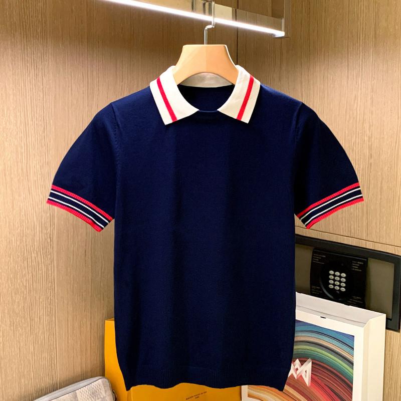 夏季个性拼接衣服男款短袖针织衫 英式洋气翻领修身t恤polo衫男款