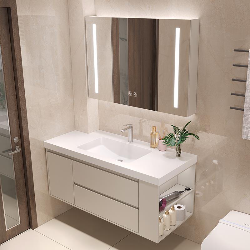 6R定制油风岩奶板无缝F77J6JH6陶面瓷盆浴室柜延组合长台切角洗手