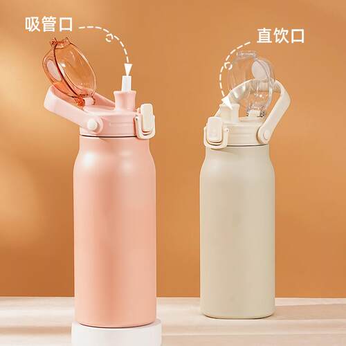 新款户外便携手提运动水壶带吸管1600ML大容量双层真空大肚保温杯