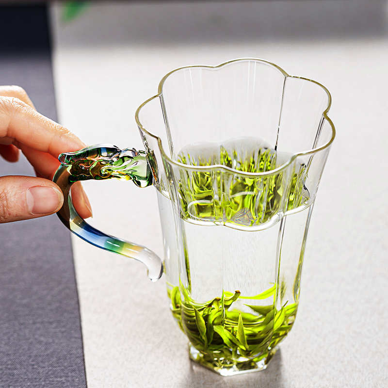 龙把手绿茶杯个人专用高硼硅泡茶玻璃杯带把高级感透明高颜值水杯