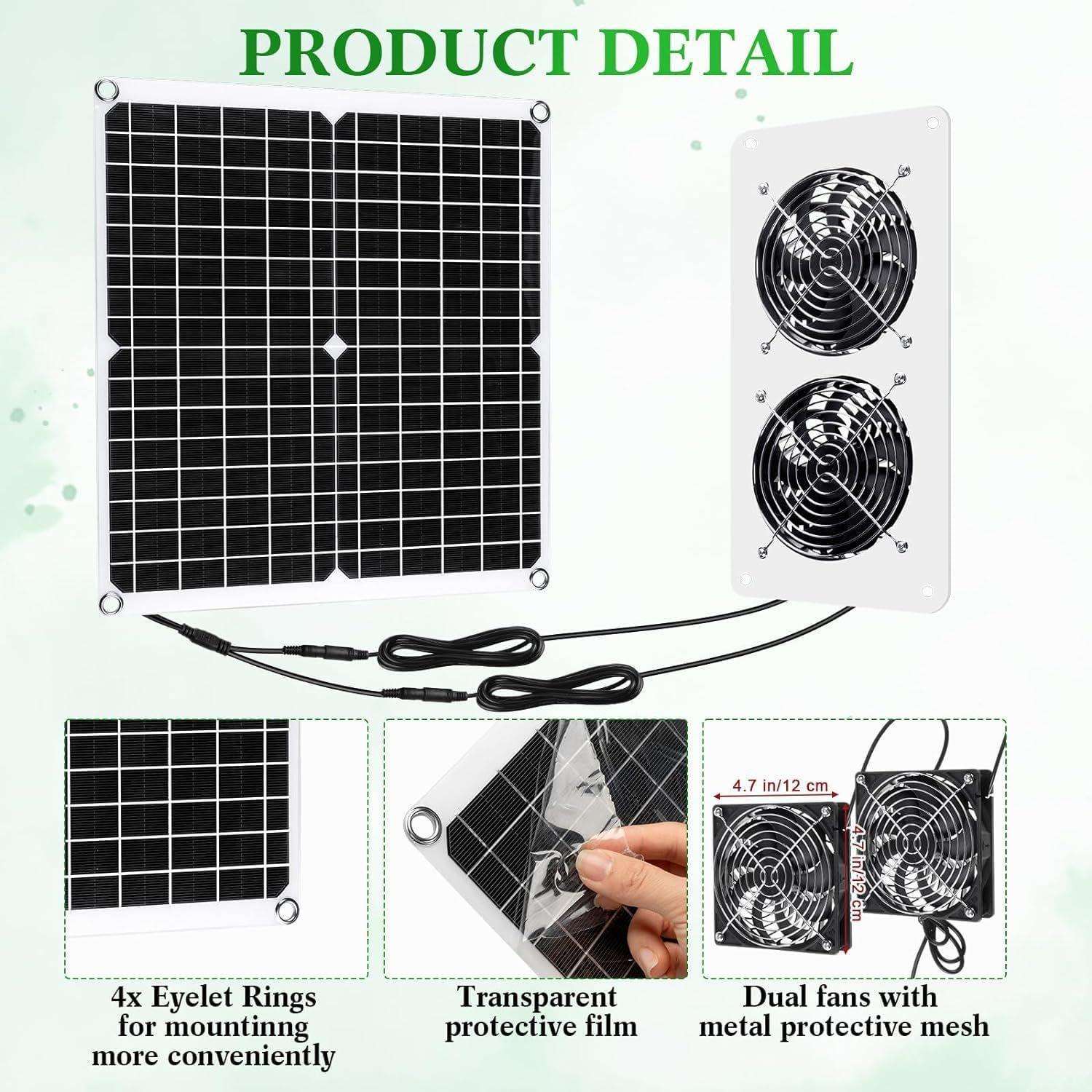 单晶25W12V柔性光伏板带双风扇白色组合排气扇鸡屋狗舍排热换气