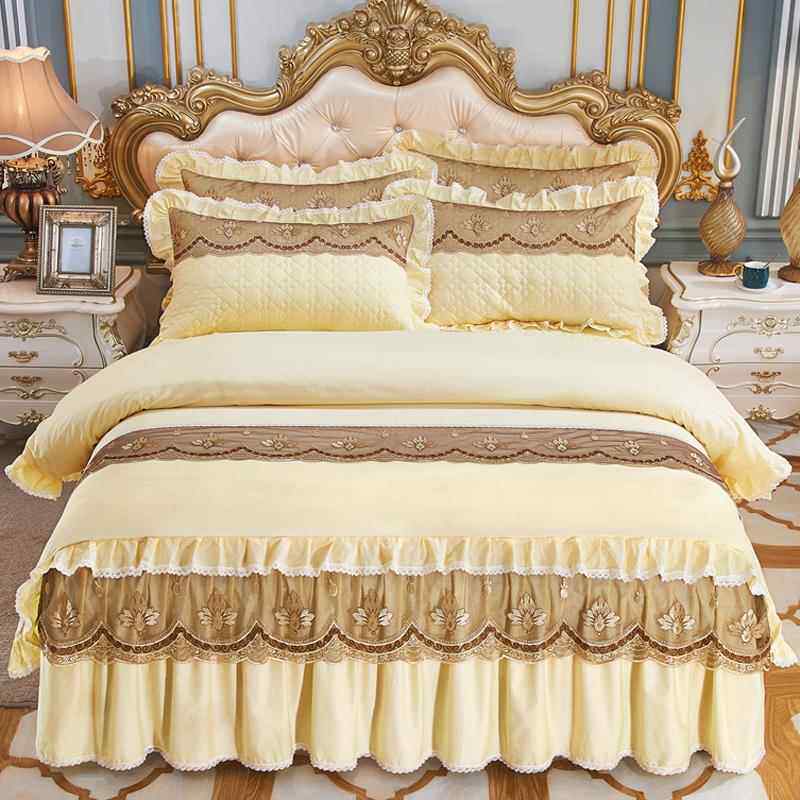 正品裙欧式结婚棉绣床四件套全大红色纯棉被套夹棉加厚蕾丝花刺边