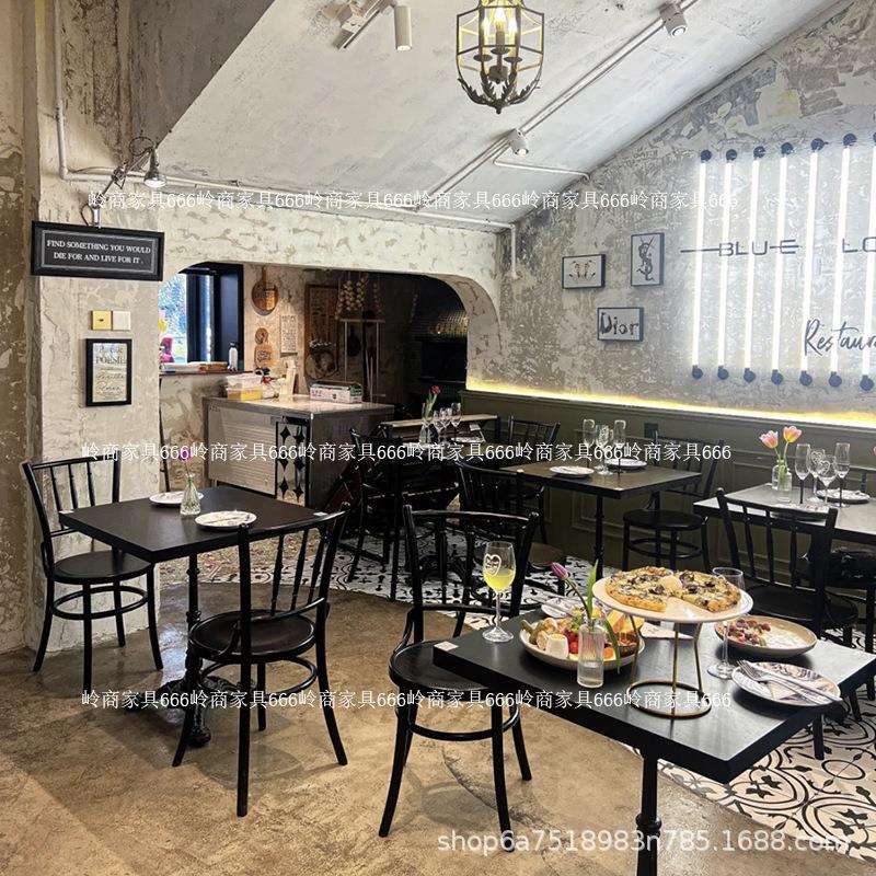 餐厅复古实木桌椅组合咖啡厅甜品店酒吧餐桌清吧小酒馆餐椅方桌