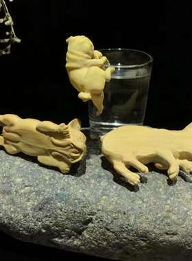 小叶黄杨木尬茶犬 （法斗犬）趴狗 躺狗 挂狗 三件套茶宠木质摆件