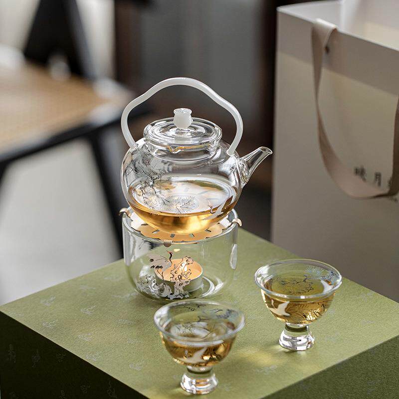 宜室茶话松鹤玻璃茶壶蜡烛台加热底座煮茶炉一壶二杯茶具套装送礼