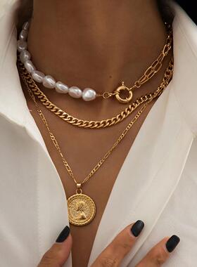 Goth Baroque Pearl Coin Portrait Pendant Necklace for Women