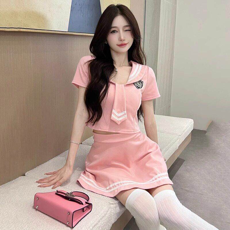 纯欲学院风连衣裙辣妹制服套装裙性感夜总会网红技师修身两件套