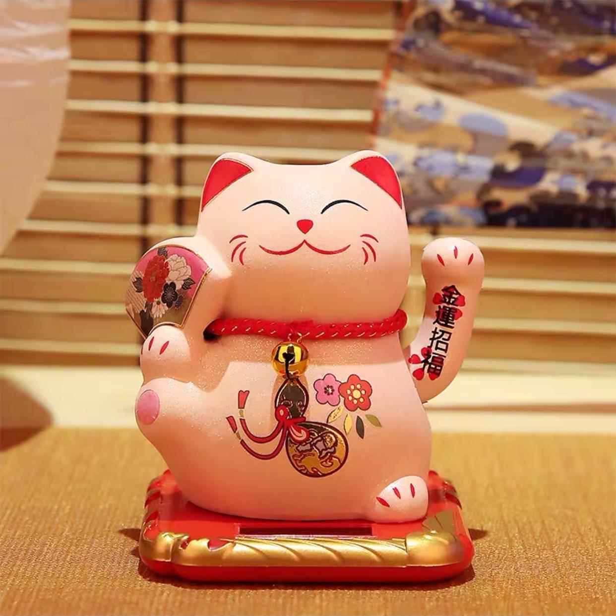 乐沙绒金太阳能招猫喵光能陶瓷金色摇手猫汽DC太阳能车摆件车载办
