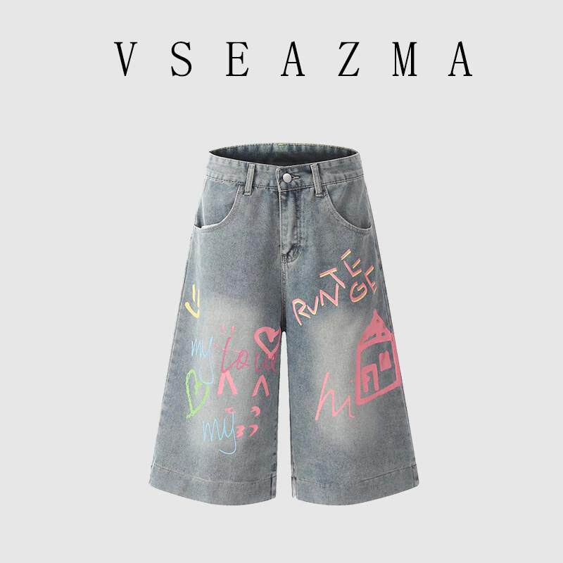 VSEAZMA美式复古趣味彩色涂鸦牛仔短裤男女夏宽松直筒休闲七分裤