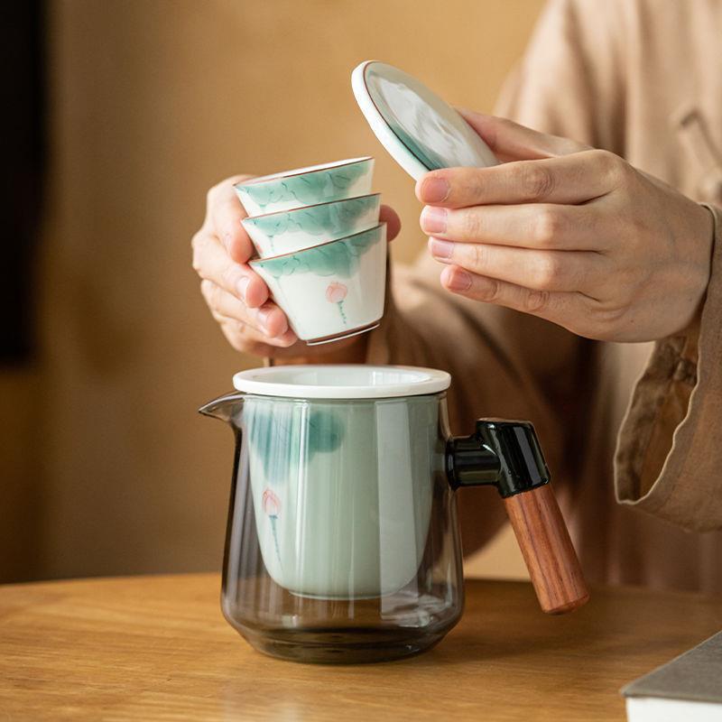 釉下彩手绘荷花旅行茶具小套装户外便携式快客杯泡茶随身茶具