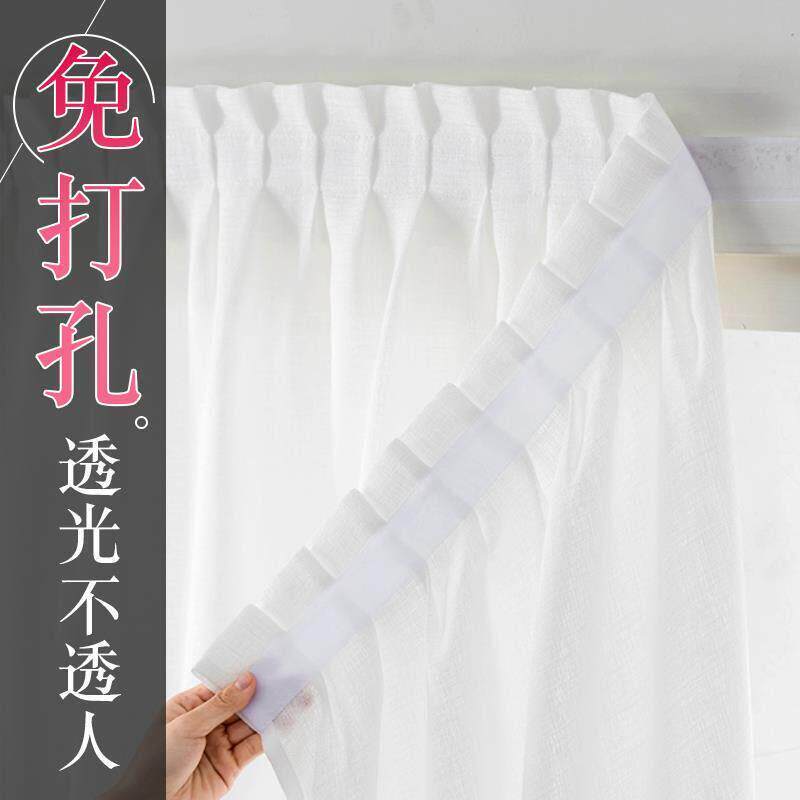 魔术贴窗帘免打孔安装粘贴飘窗阳台短款窗纱半遮光布简易自粘纱帘