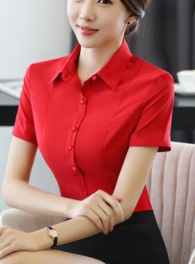 正品短袖衬衫女职业OL女装正20新2夏季款装修身白色衬4衣工装工作