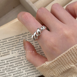 韩版s925银麻花戒指女复古时尚气质，个性开口指环牛角包嘻哈(包嘻哈)食指戒
