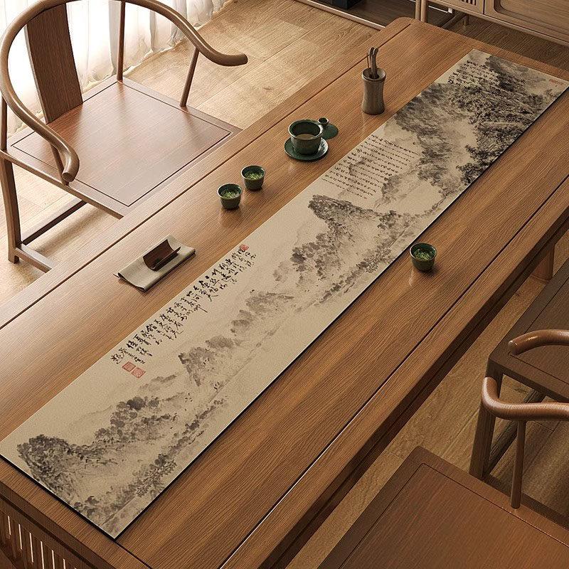 千里江山图桌旗茶席新中式禅意茶桌垫布矽藻泥桌布长条吸水泡茶台