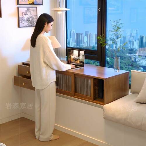 纯实木飘窗柜带抽屉电脑桌卧室阳台收纳定制小桌子玻璃推拉门书桌