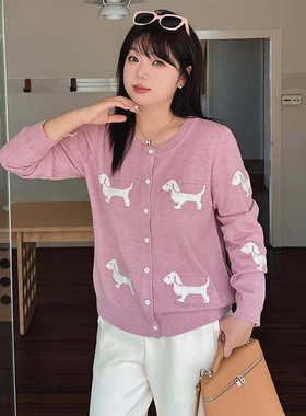 大码女装圆领提花动物毛衣女上衣外套2025秋款胖mm针织开衫22850