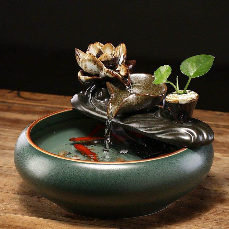莲花陶瓷流水摆件循环水客厅招财小型鱼缸茶桌景观桌面办公室装饰