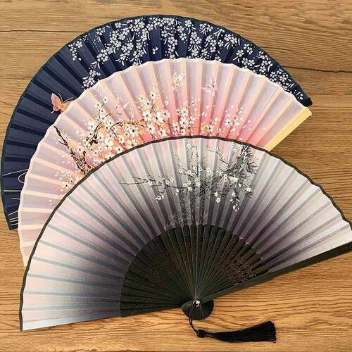 Vintage Silk Folding Fan Retro Chinese Japanese Bamboo Hand