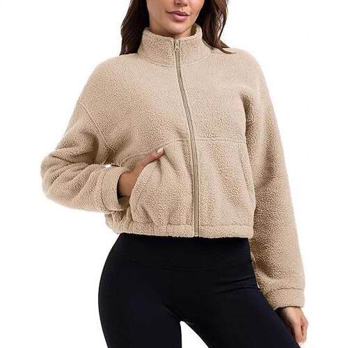 High Level Women'S Slate Blue Sherpa Fleece Crop Zip-Up