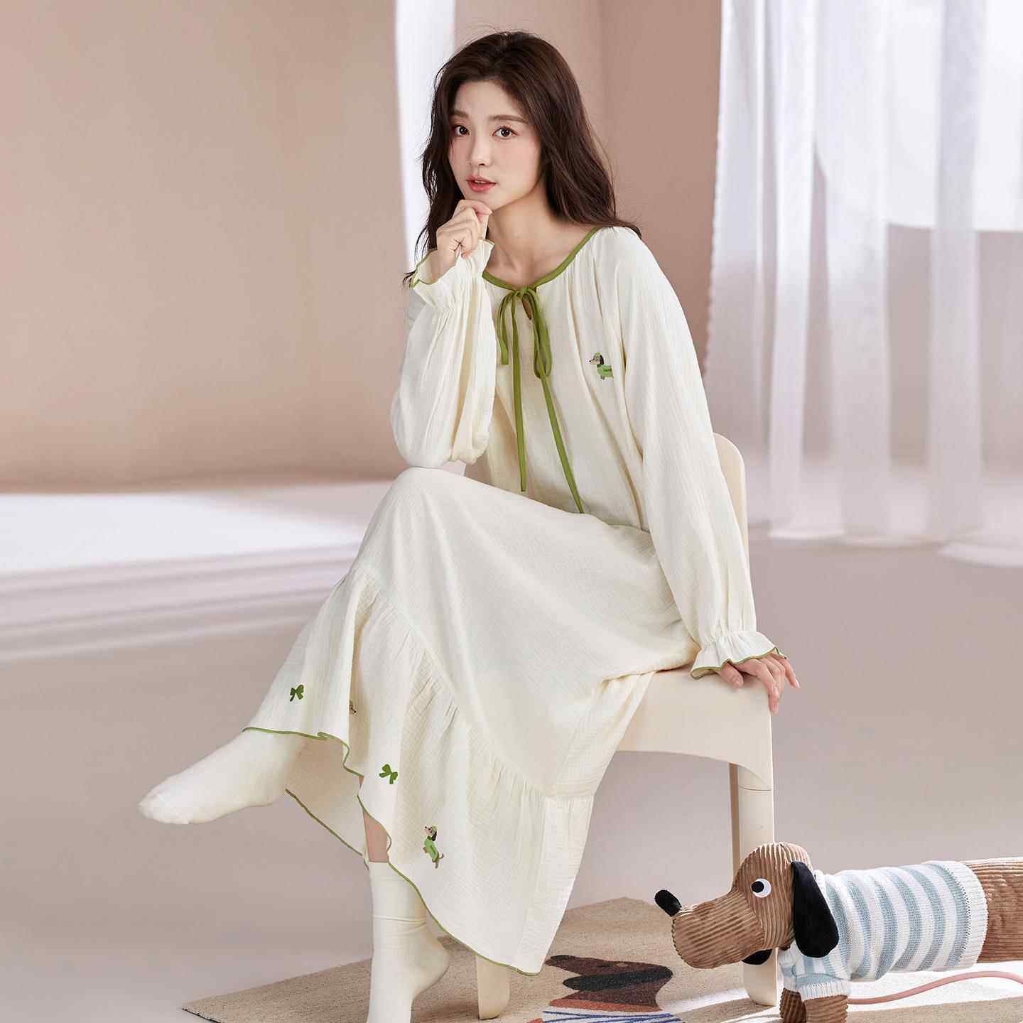 日本GP淑女睡裙女春秋季纯棉长袖中长裙可爱仙女风睡衣纱布可外穿