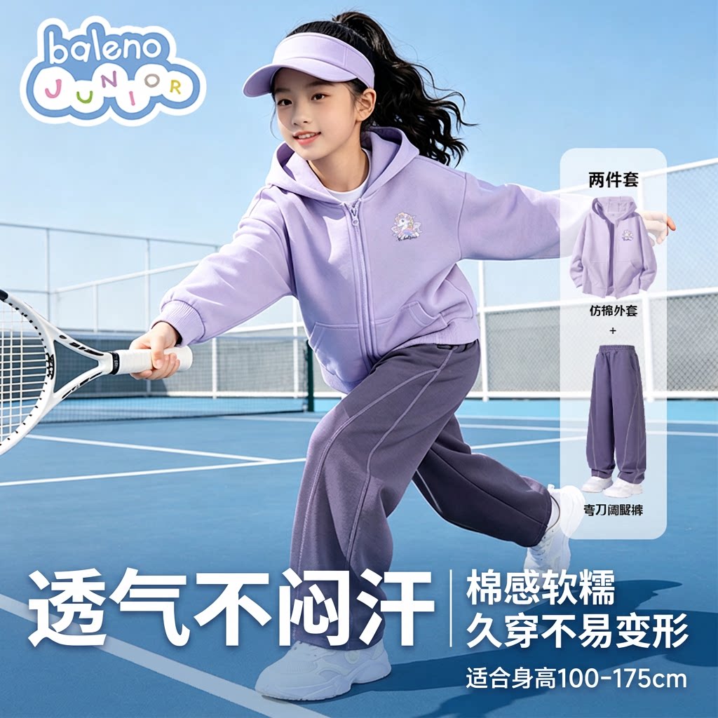 班尼路童装旗舰店女童大童秋季套装运动两件套仿棉连帽儿童外套