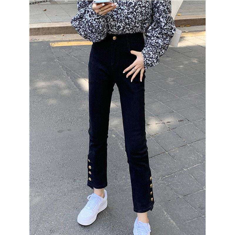 黑色小个子九分牛仔裤女秋季2026新款高腰排扣不规则开叉烟管裤女