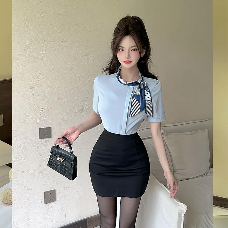 夏季制服上班服酒店前台衬衫包臀裙工装美容院沐足浴技师工作服