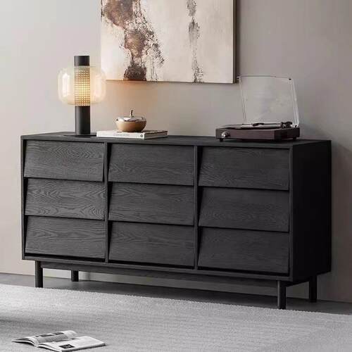 北欧黑色九斗柜复古实木储物柜客厅靠墙餐边柜卧室收纳抽屉边柜