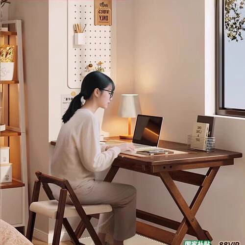 家逸实木折叠电脑桌学生书桌家用办公桌卧室小户型床边学习小桌子