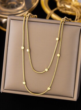 2026温鉴希音方块双层项链女轻奢不掉色设计感小众女锁骨链气质百