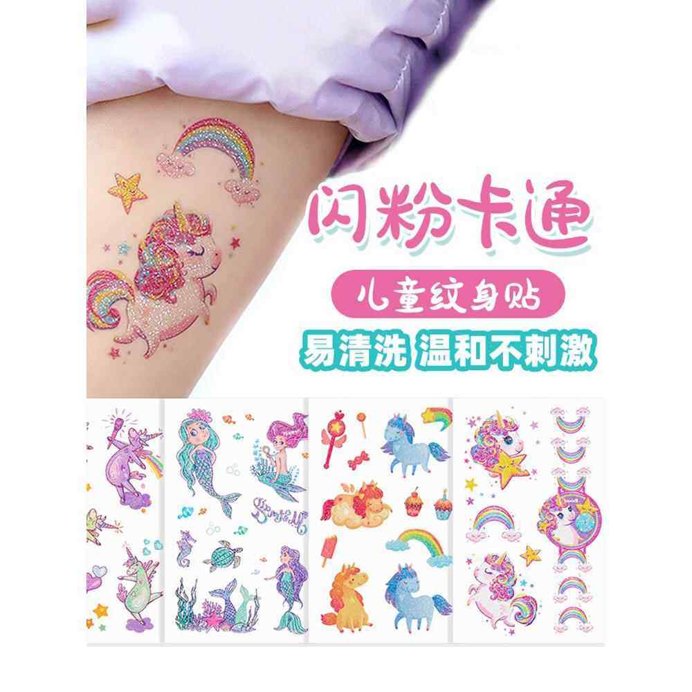 卡通闪粉纹身贴转印贴纸纹身贴儿童指甲贴纸女孩水印防水水贴透明蝴蝶宝宝手表小公主纹身贴纸