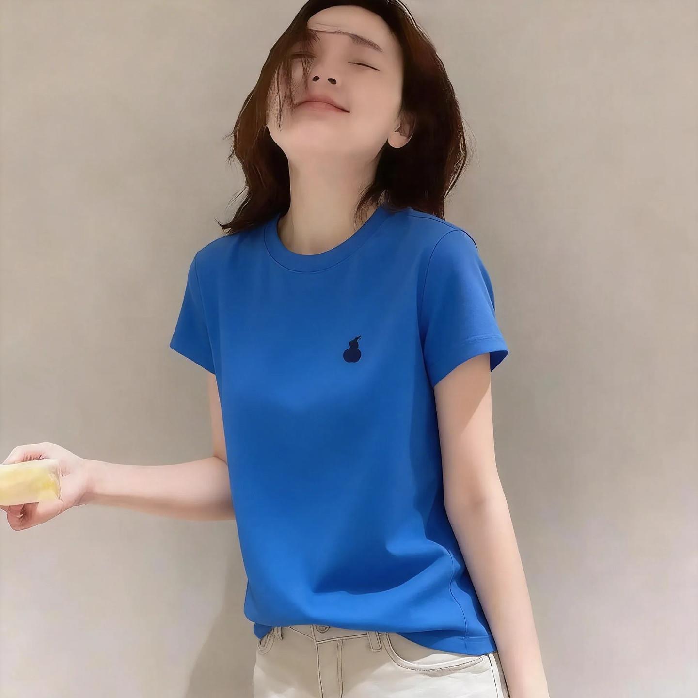韩版简约刺绣百搭洋派短袖T恤女夏季新款克莱因蓝超好看休闲上衣